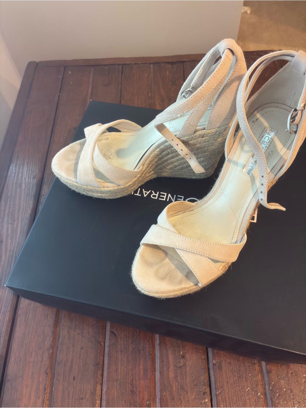 BCBGeneration Beige Wedge Sandals with Ankle Strap